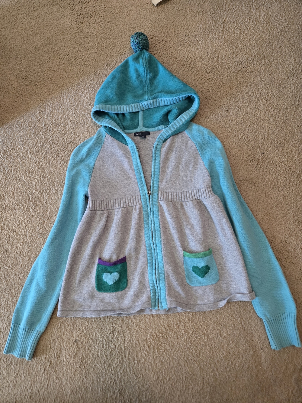 GAP Aqua Hooded Zip Cardigan with Heart Patch Pockets